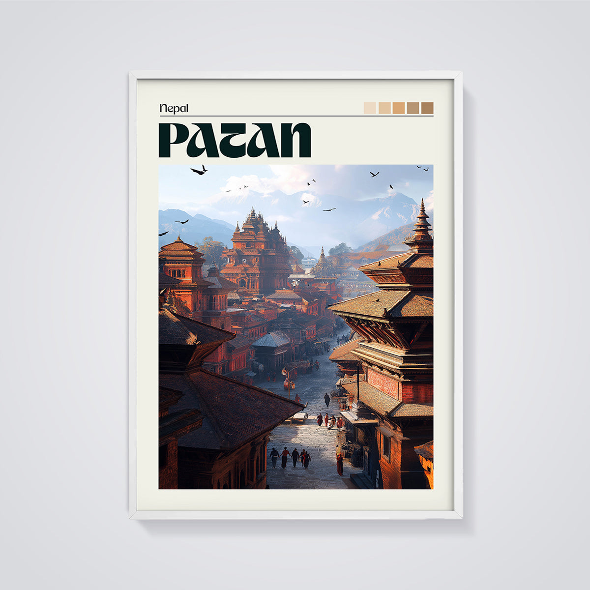 Patan Nepal Cityscape Print framed in white on a grey background