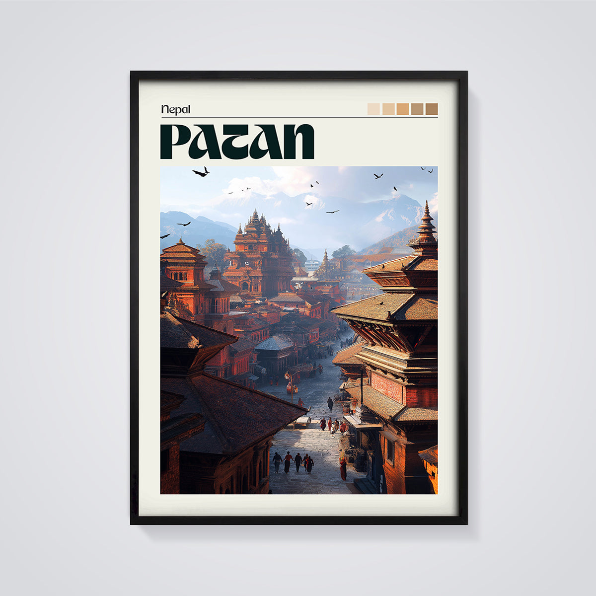 Patan Nepal Cityscape Print framed in black on a grey background