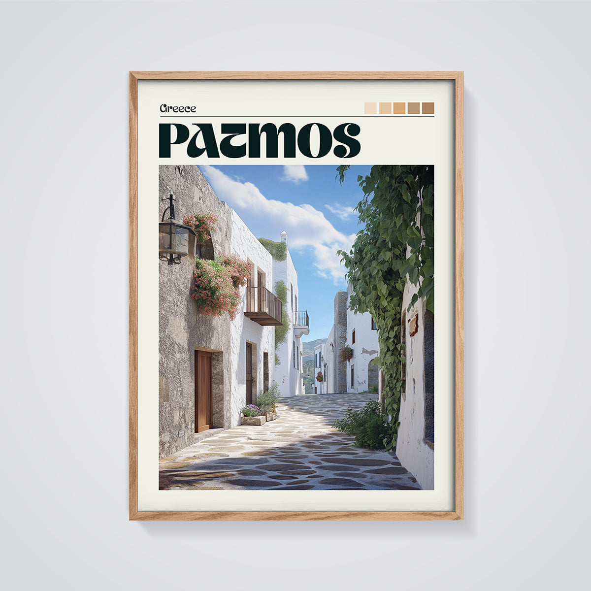 Patmos Alleyway Print framed in oak on a grey background