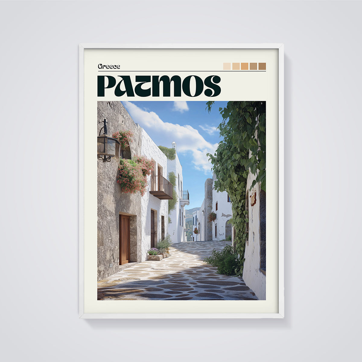 Patmos Alleyway Print framed in white on a grey background