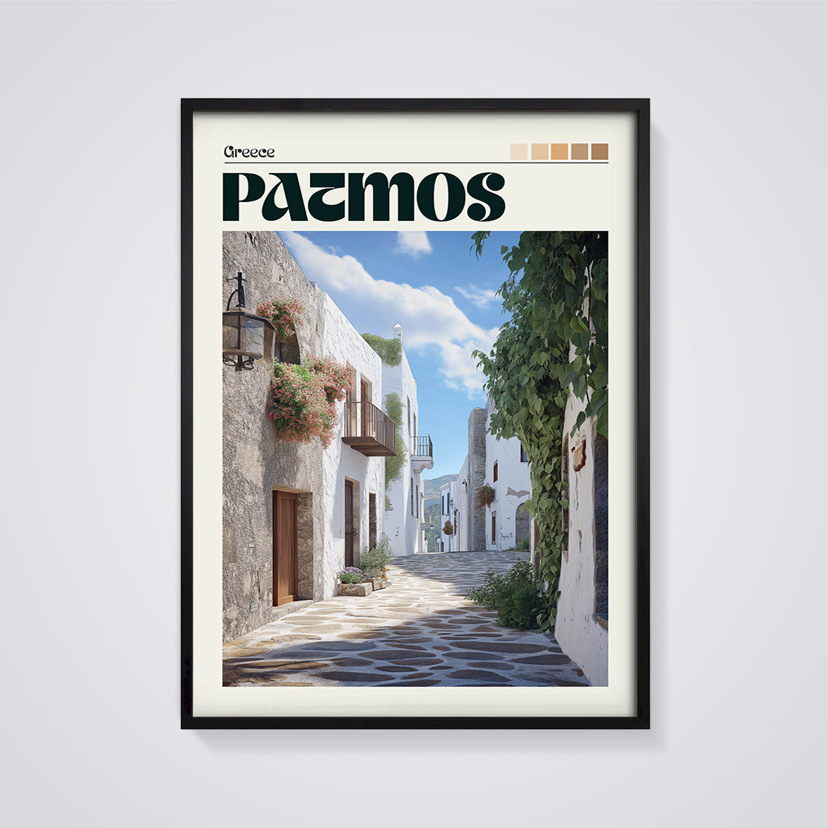 Patmos Alleyway Print framed in black on a grey background