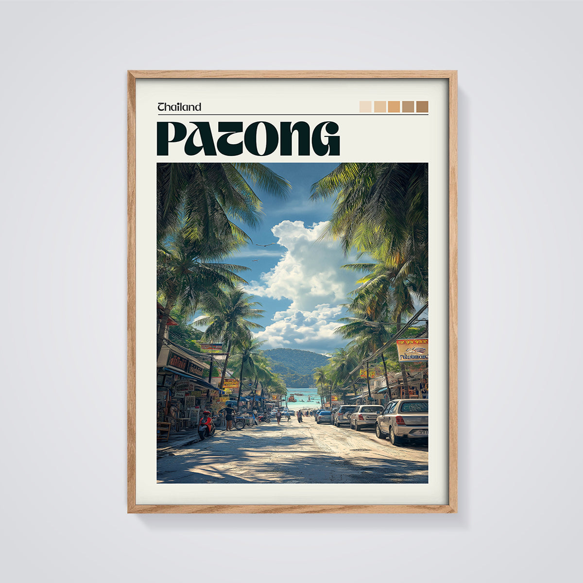 Patong Thailand Beach Street Print framed in oak on a grey background