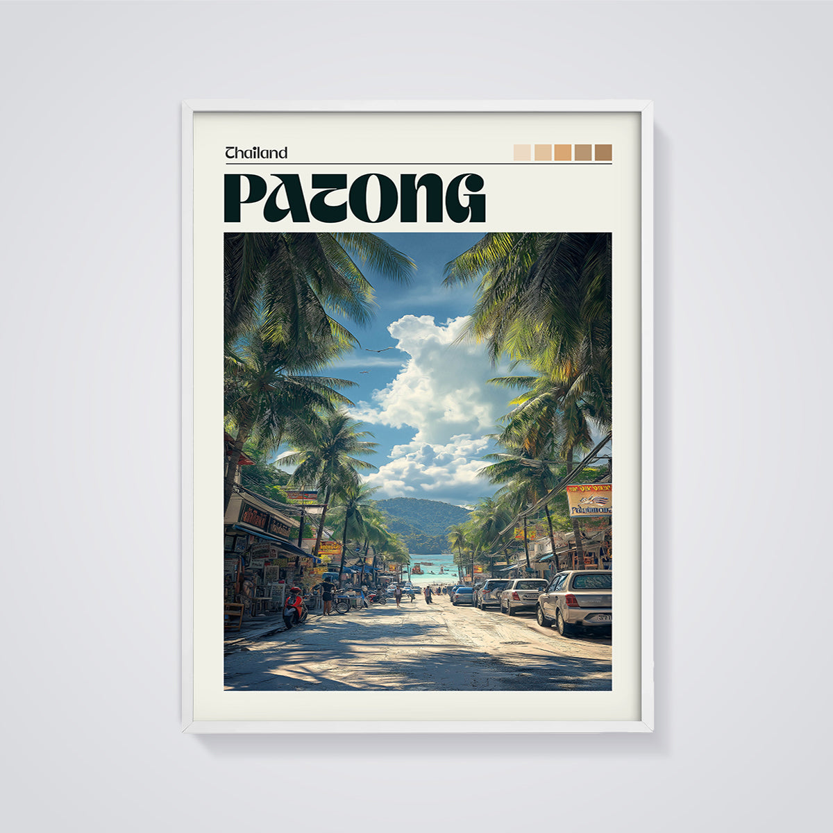 Patong Thailand Beach Street Print framed in white on a grey background