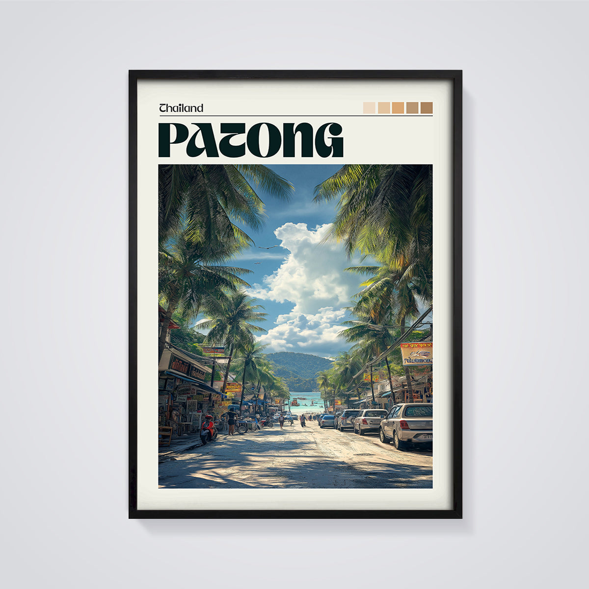 Patong Thailand Beach Street Print framed in black on a grey background