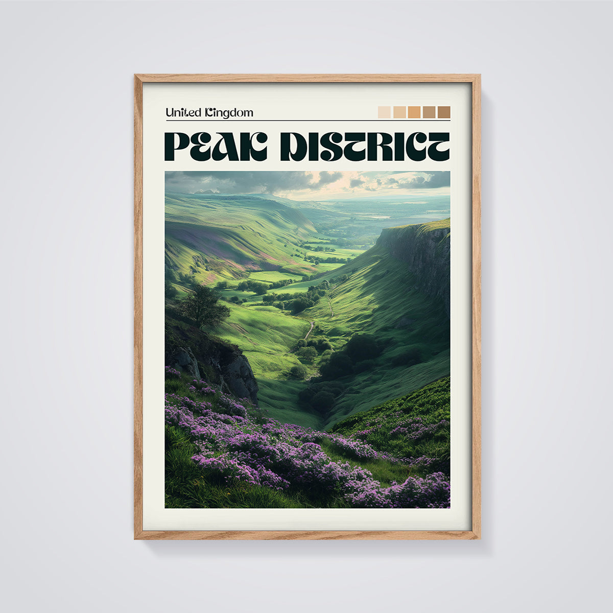 Peak District Valley Print framed in oak on a grey background