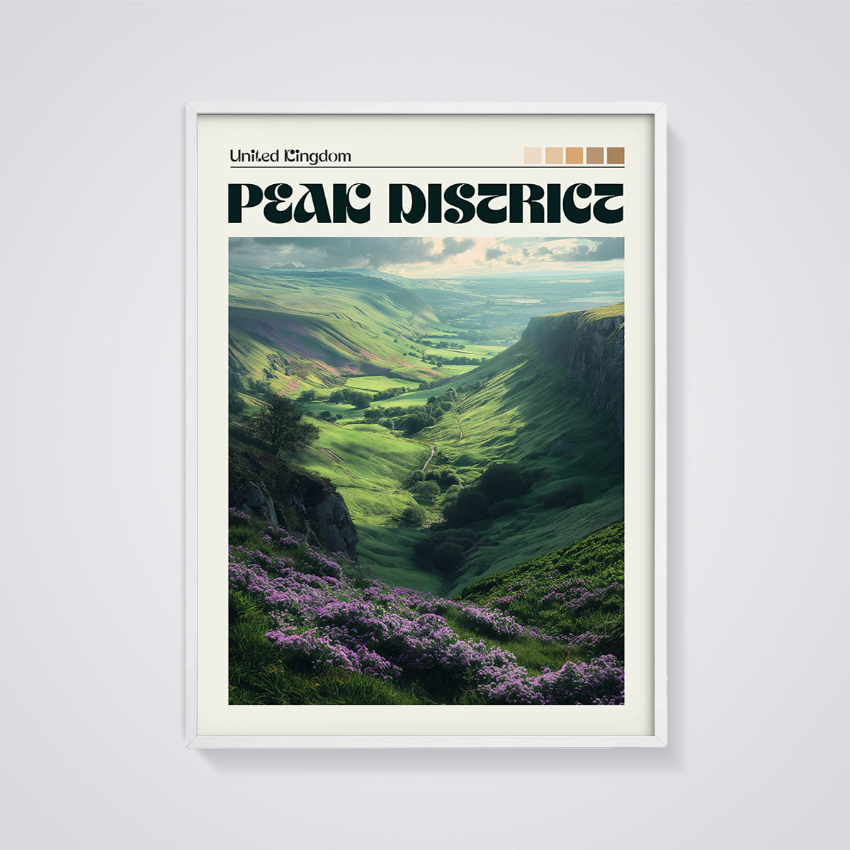 Peak District Valley Print framed in white on a grey background