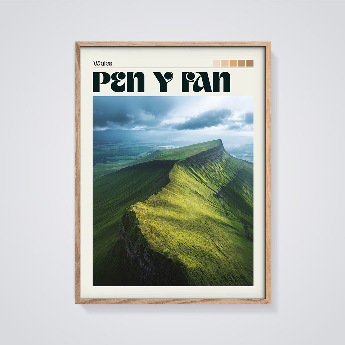 Pen Y Fan Wales Peak Print framed in oak on a grey background