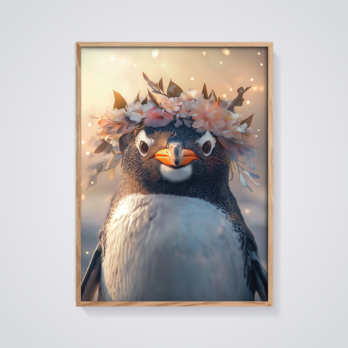 Penguin Flower Crown Print framed in oak on a grey background