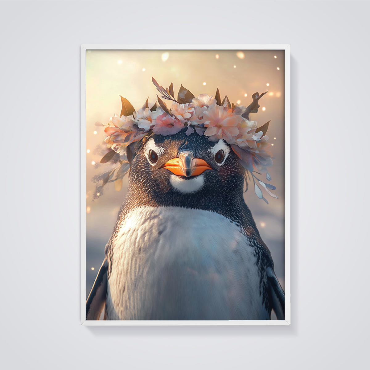 Penguin Flower Crown Print framed in white on a grey background