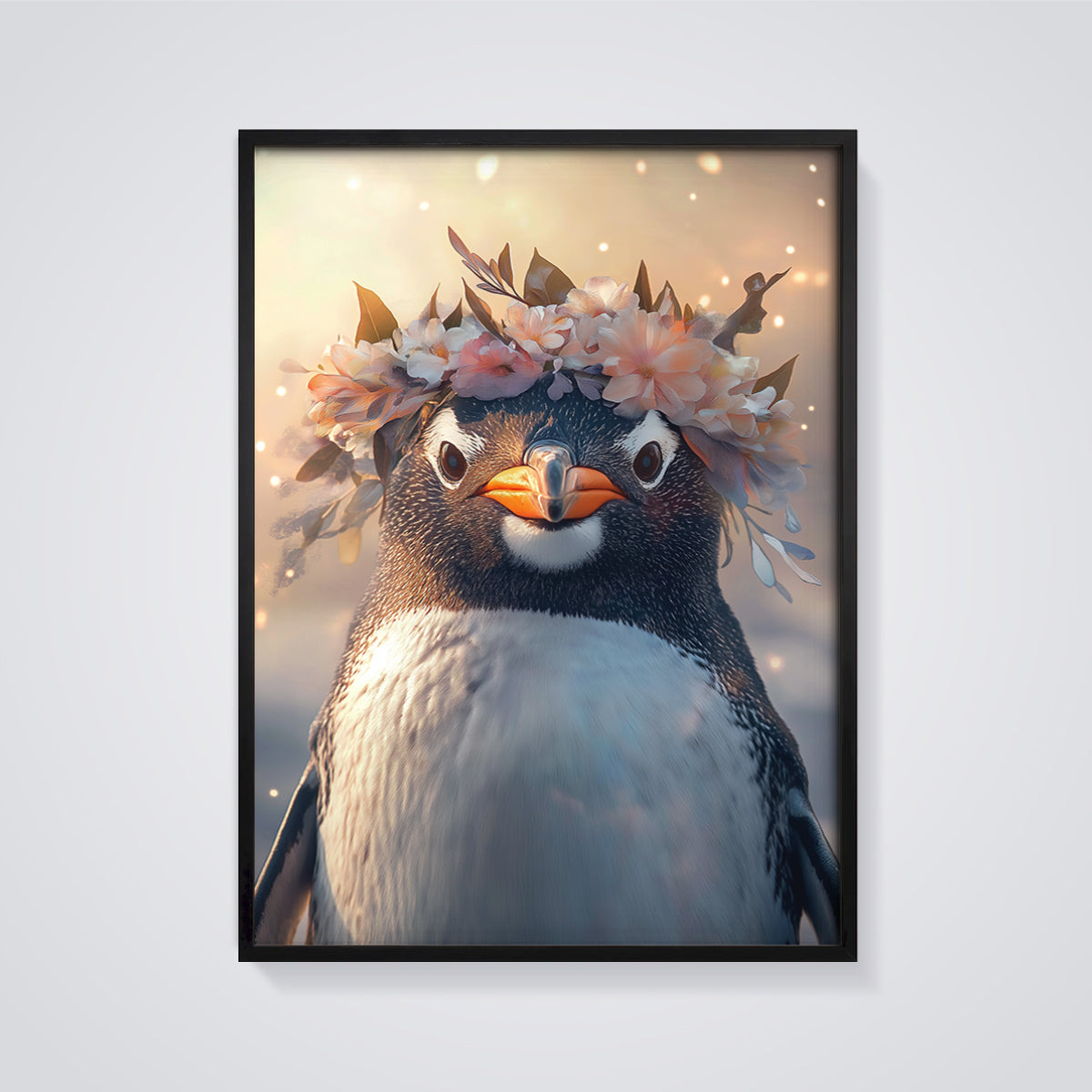 Penguin Flower Crown Print framed in black on a grey background