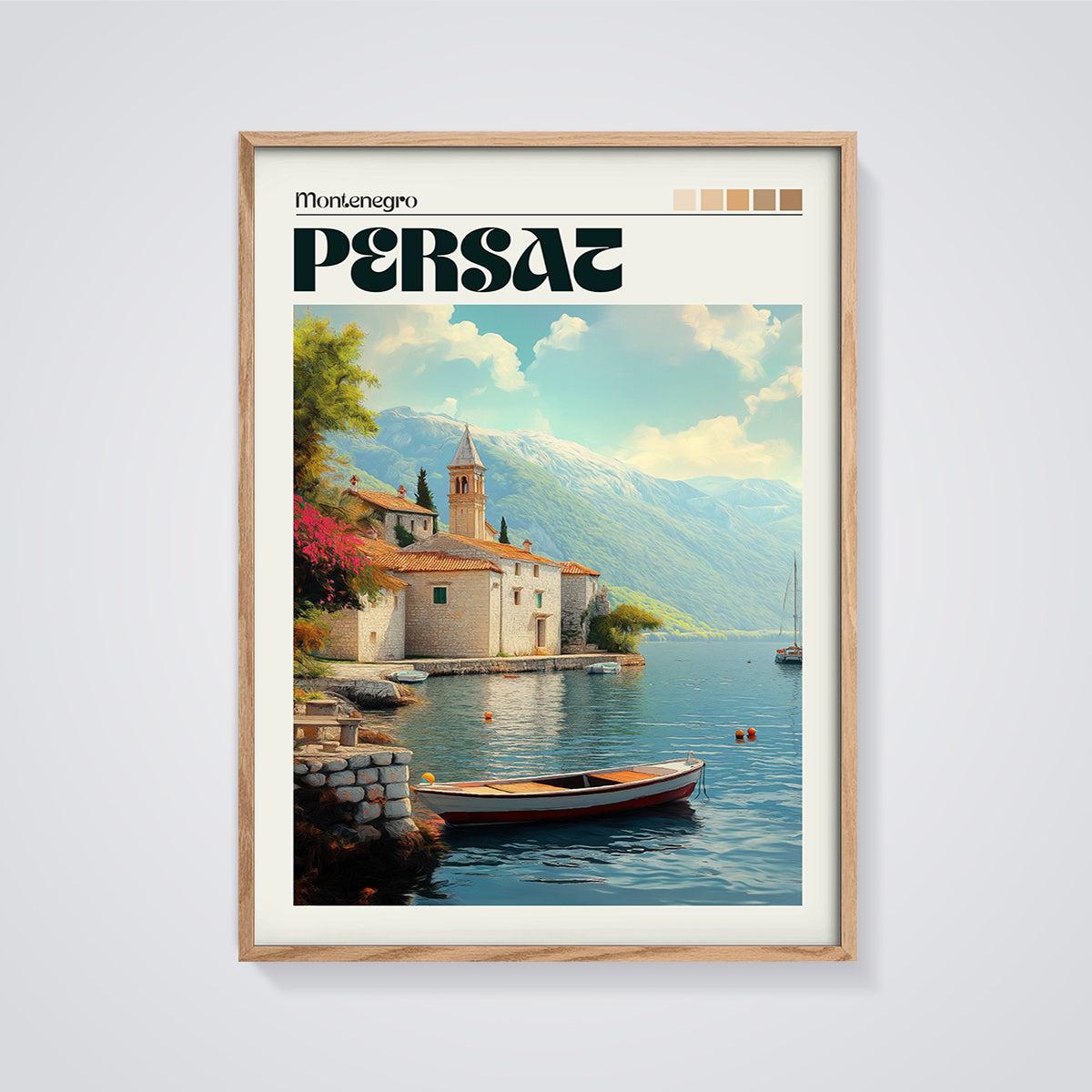 Perast Montenegro Coastal Village Print framed in oak on a grey background