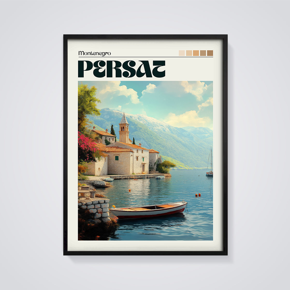 Perast Montenegro Coastal Village Print framed in black on a grey background