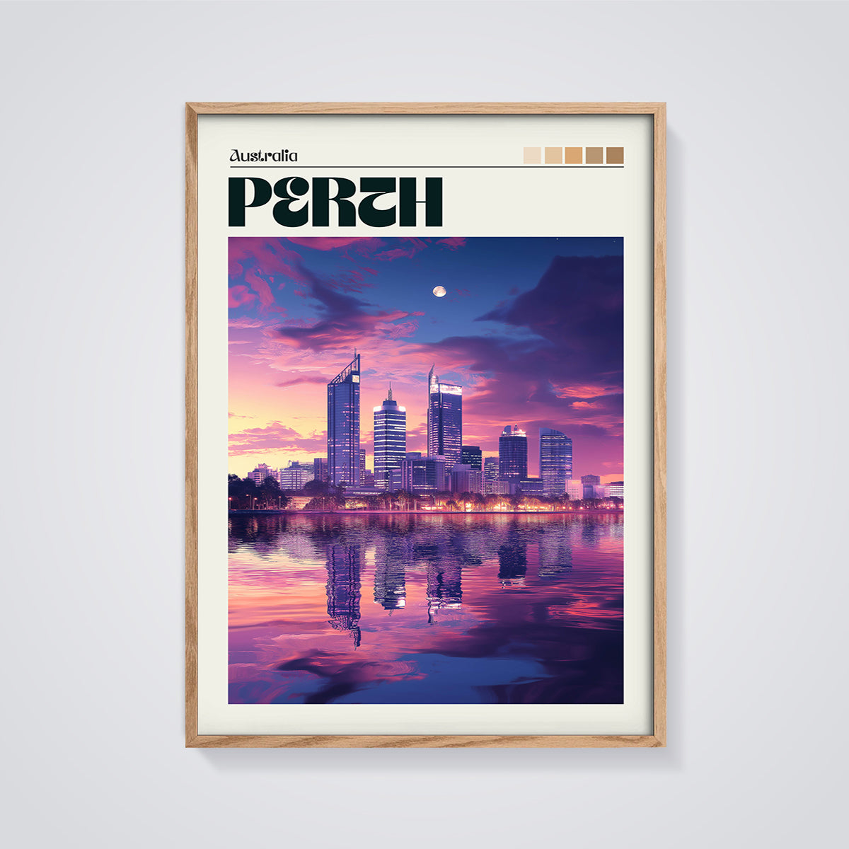 Perth Skyline Sunset Print framed in oak on a grey background