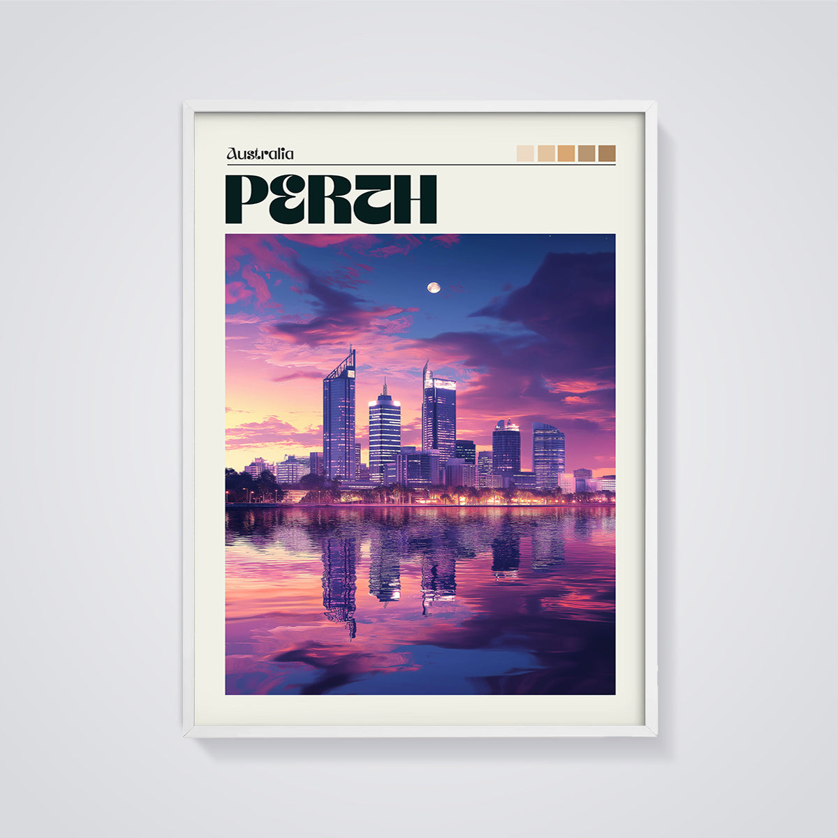 Perth Skyline Sunset Print framed in white on a grey background