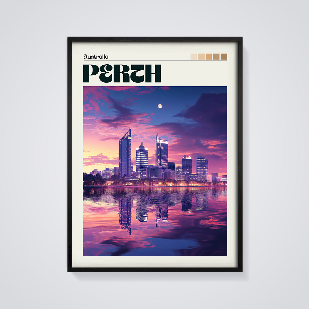Perth Skyline Sunset Print framed in black on a grey background