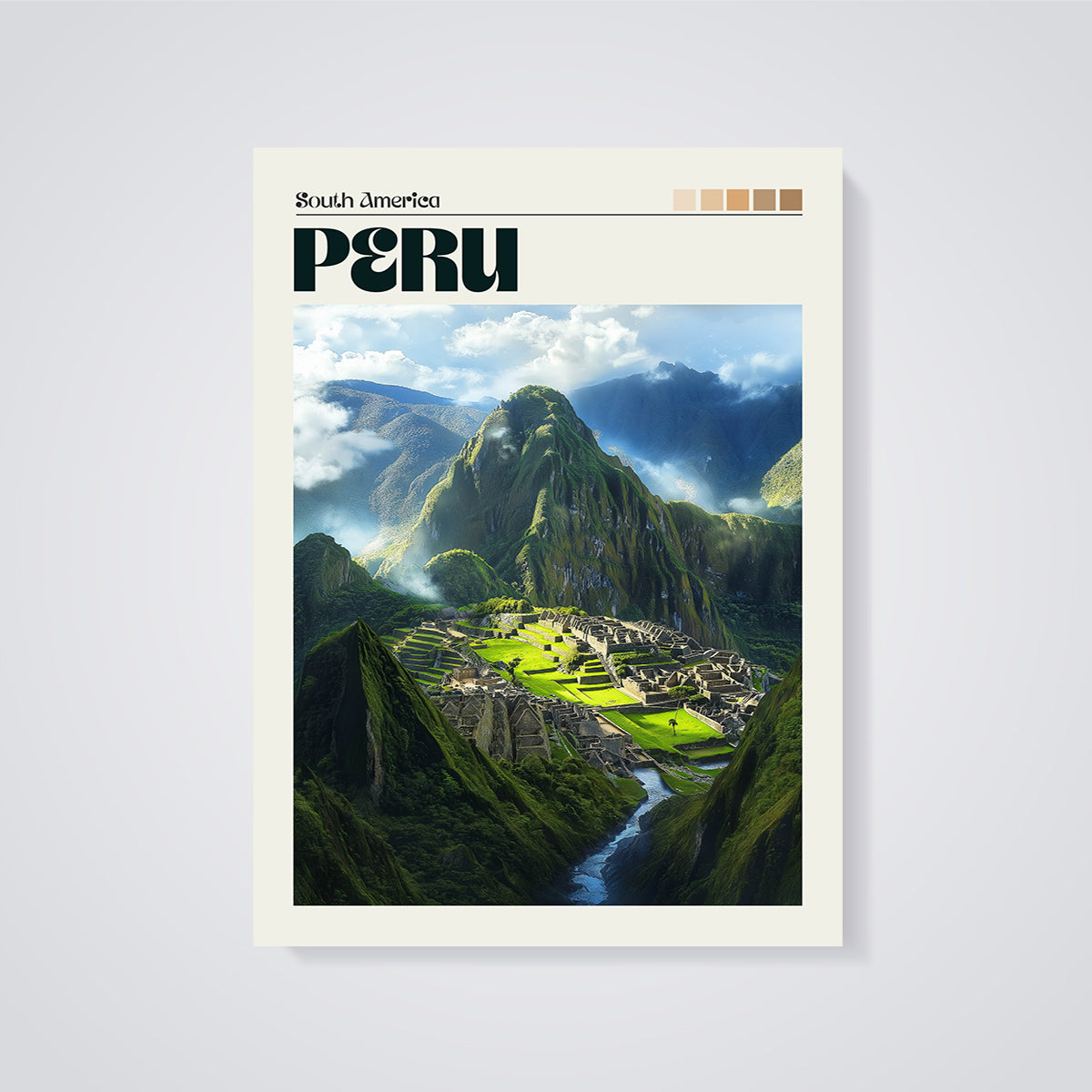 Peru Machu Picchu Travel Print unframed on a grey background