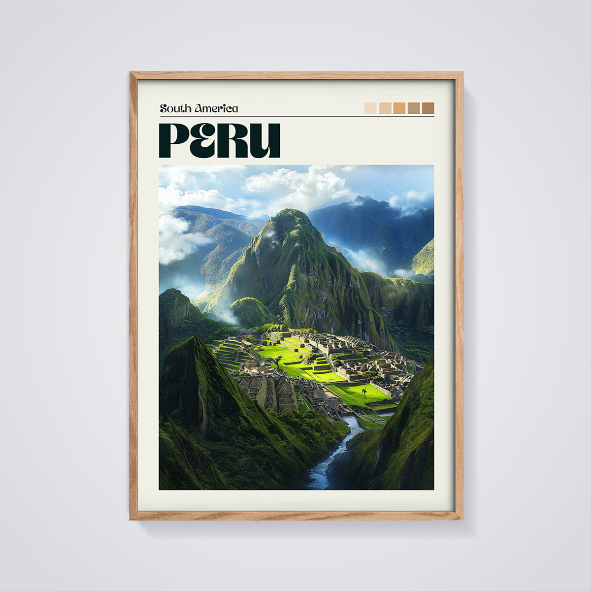 Peru Machu Picchu Travel Print framed in oak on a grey background