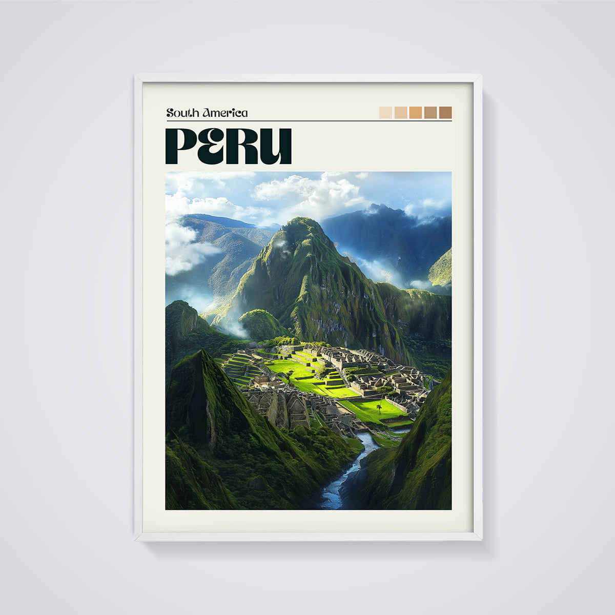 Peru Machu Picchu Travel Print framed in white on a grey background
