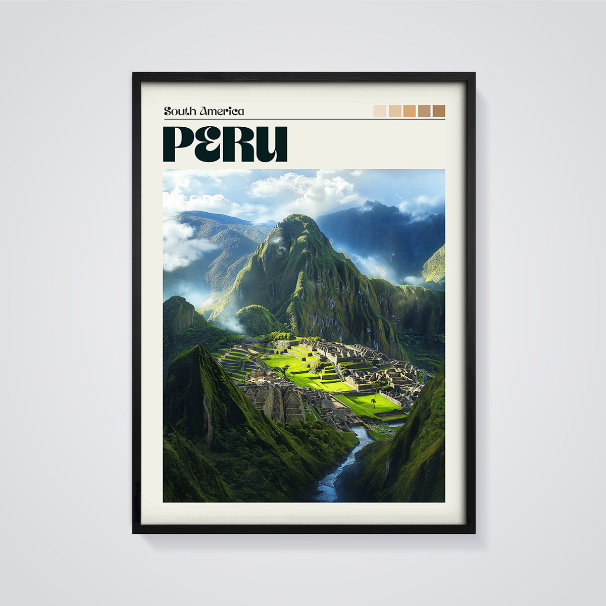 Peru Machu Picchu Travel Print framed in black on a grey background