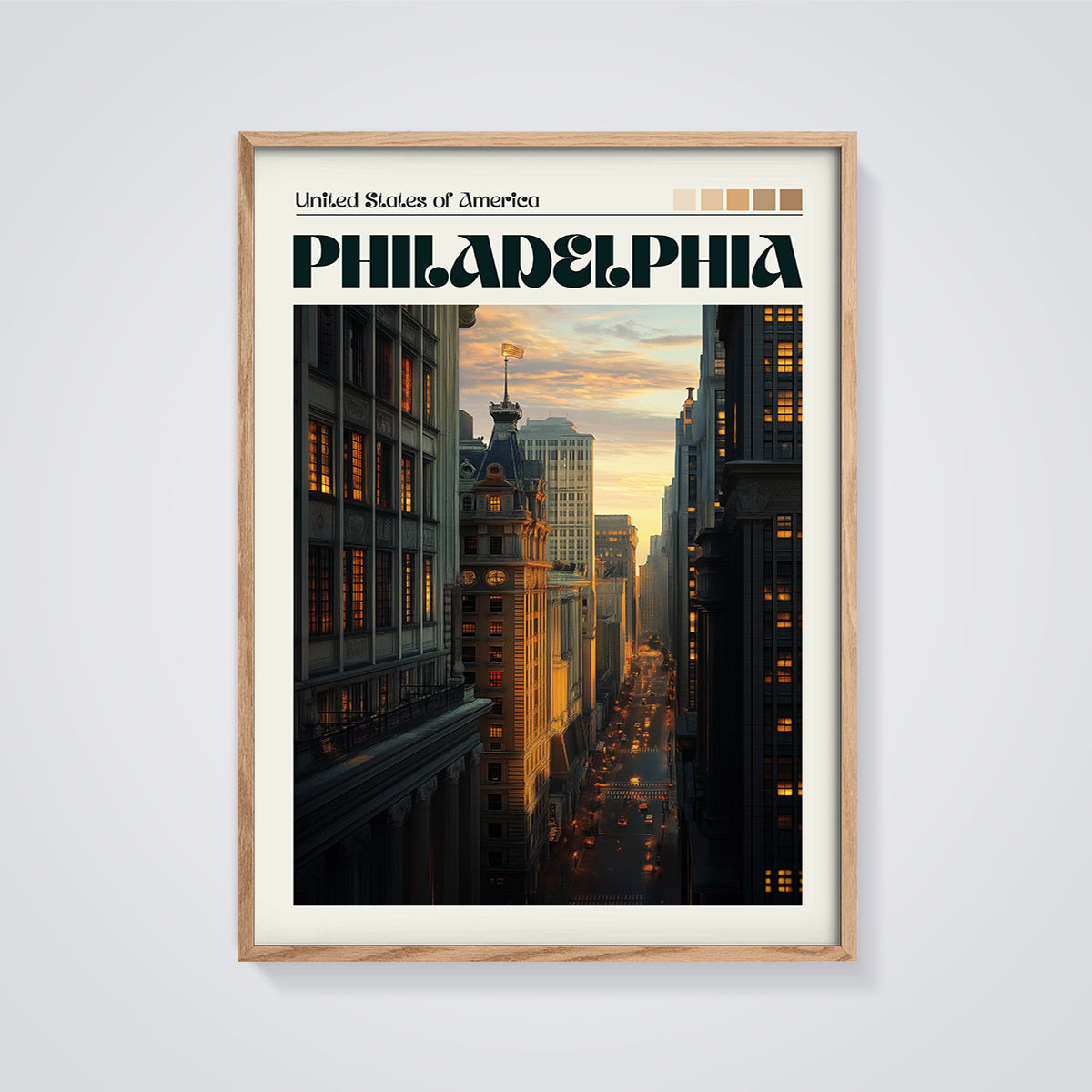 Philadelphia Cityscape Print framed in oak on a grey background