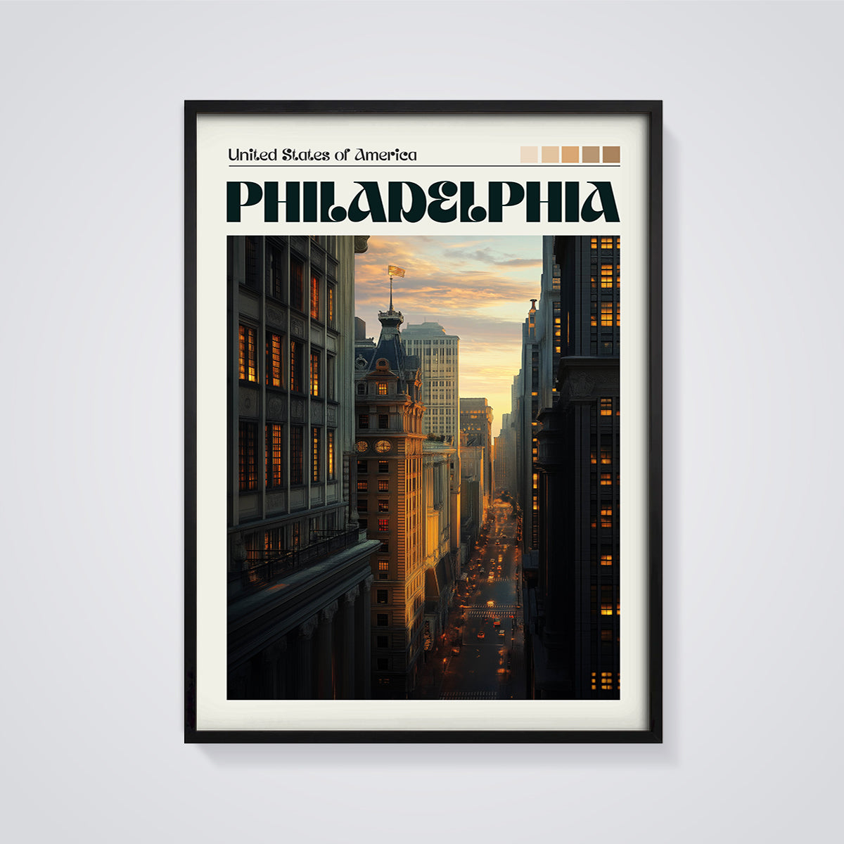 Philadelphia Cityscape Print framed in black on a grey background