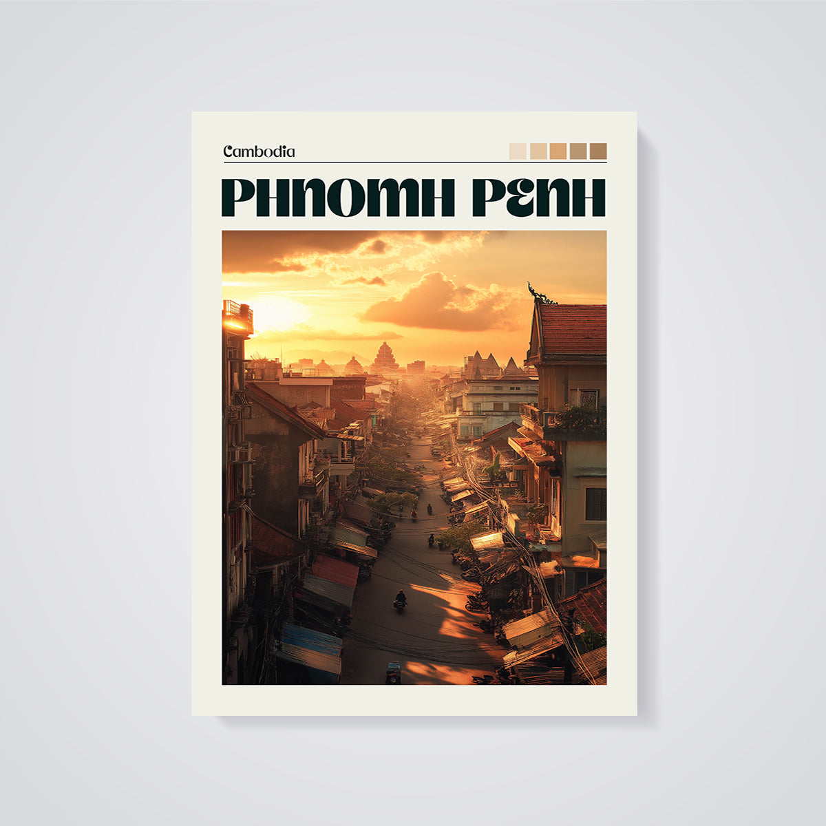 Phnom Penh Cityscape Sunset Print unframed on a grey background