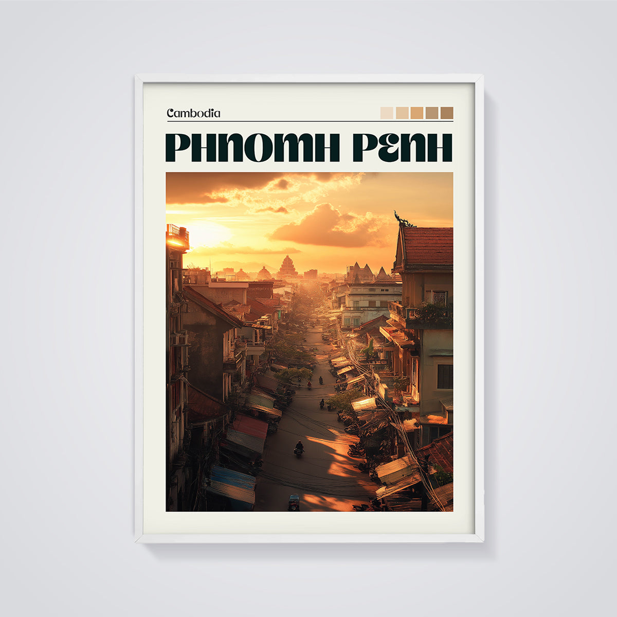 Phnom Penh Cityscape Sunset Print framed in white on a grey background