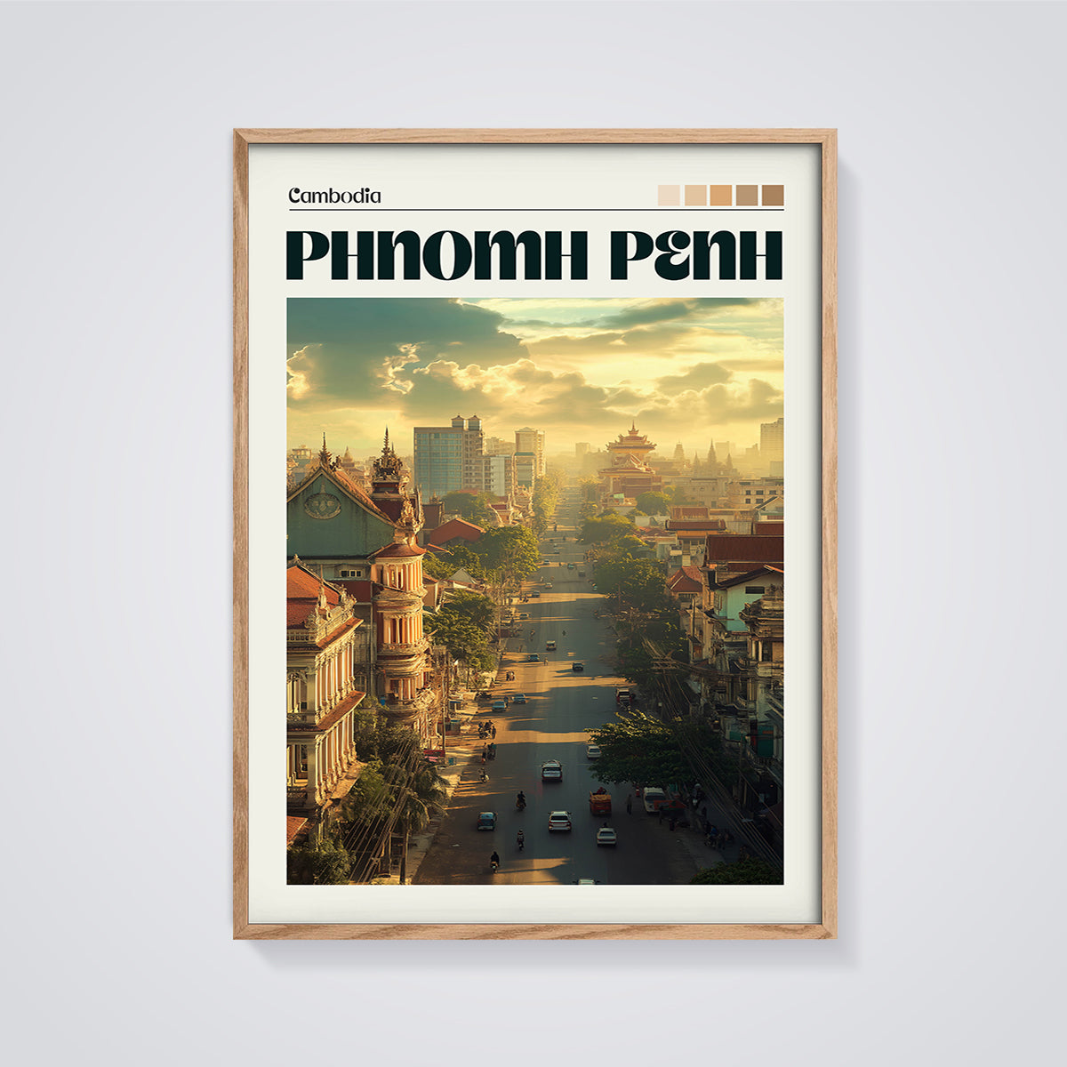 Phnom Penh Sunset Cityscape Print framed in oak on a grey background