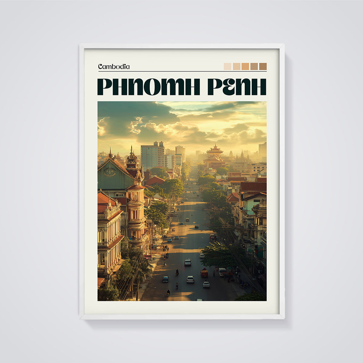 Phnom Penh Sunset Cityscape Print framed in white on a grey background