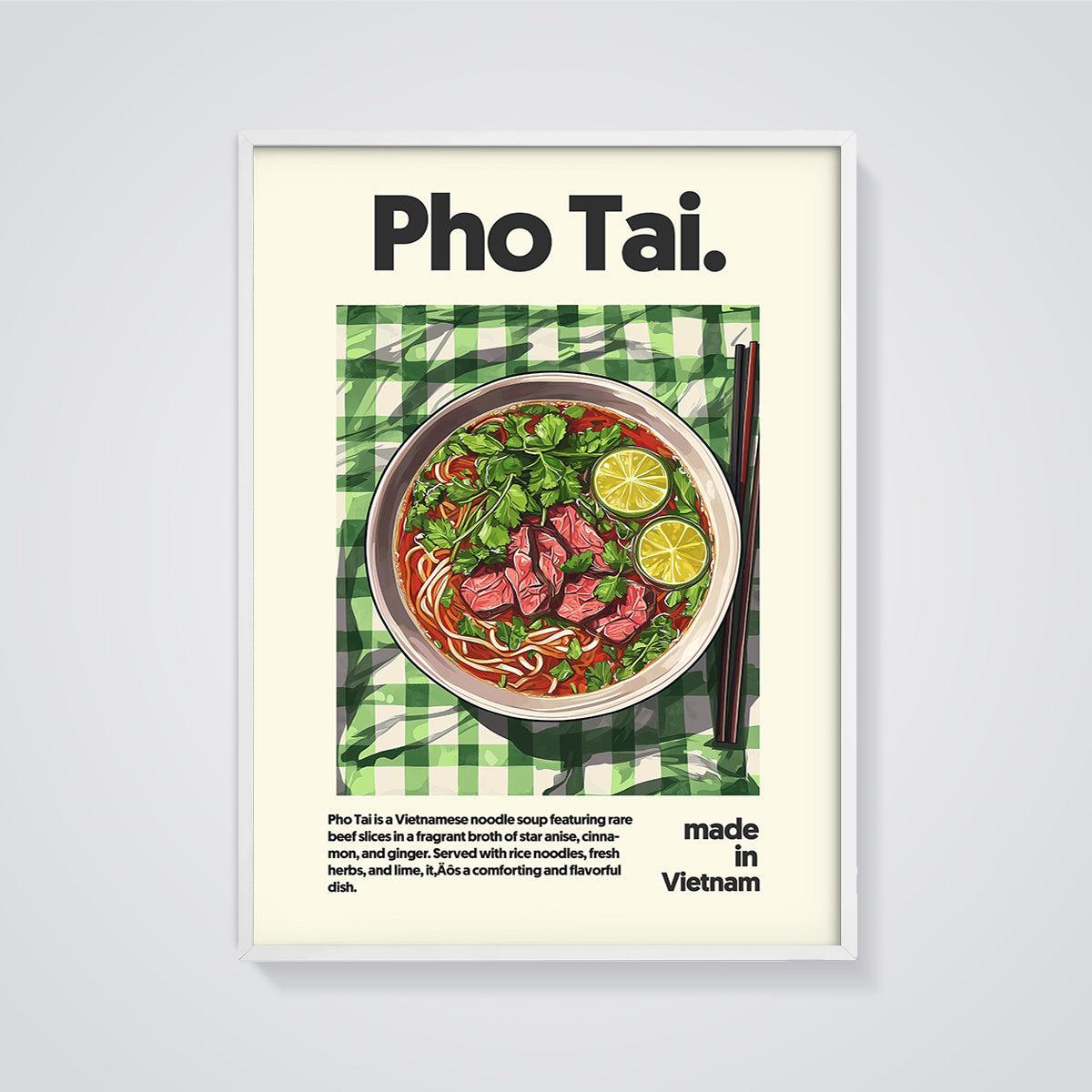 Pho Tai Noodle Soup Print framed in white on a grey background