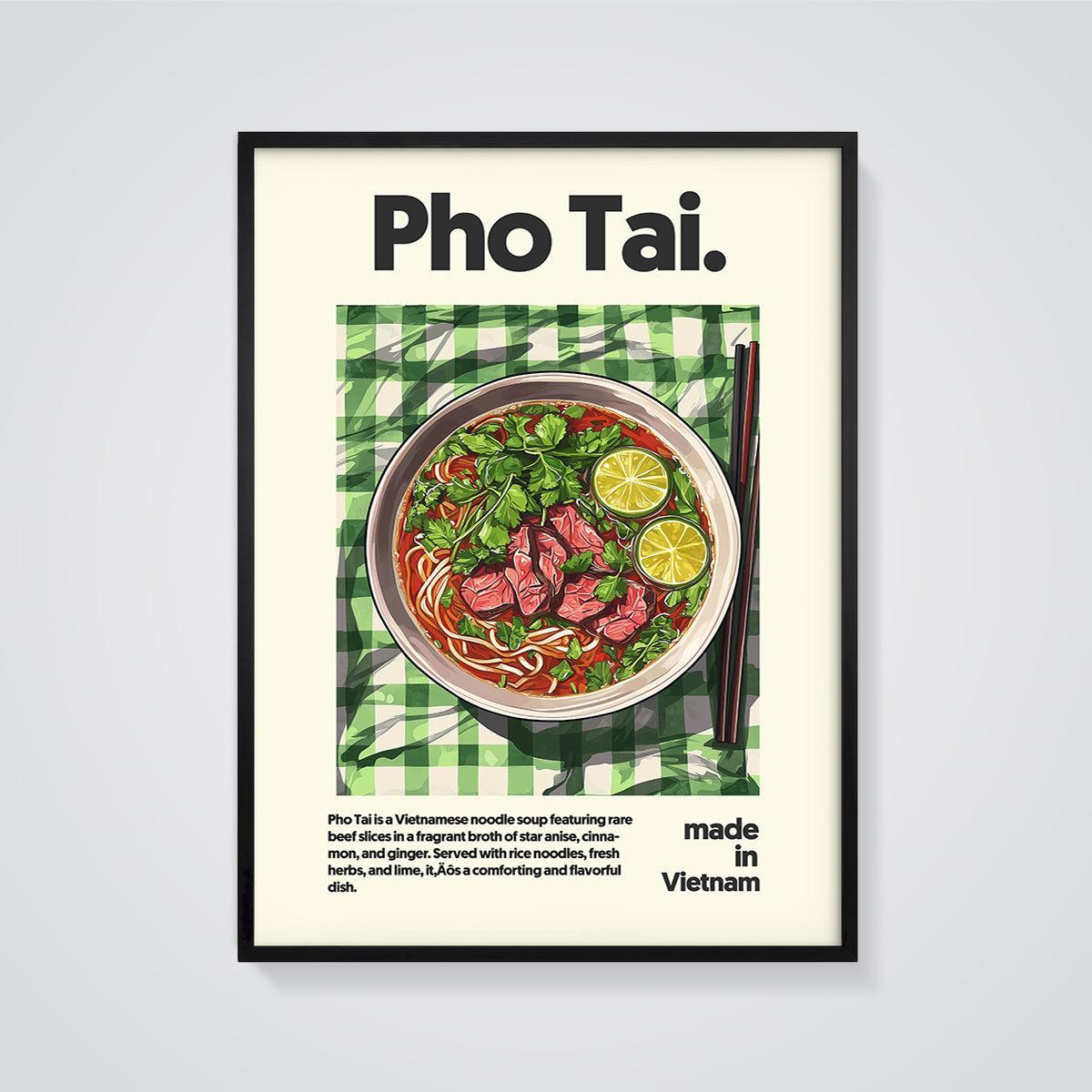 Pho Tai Noodle Soup Print framed in black on a grey background
