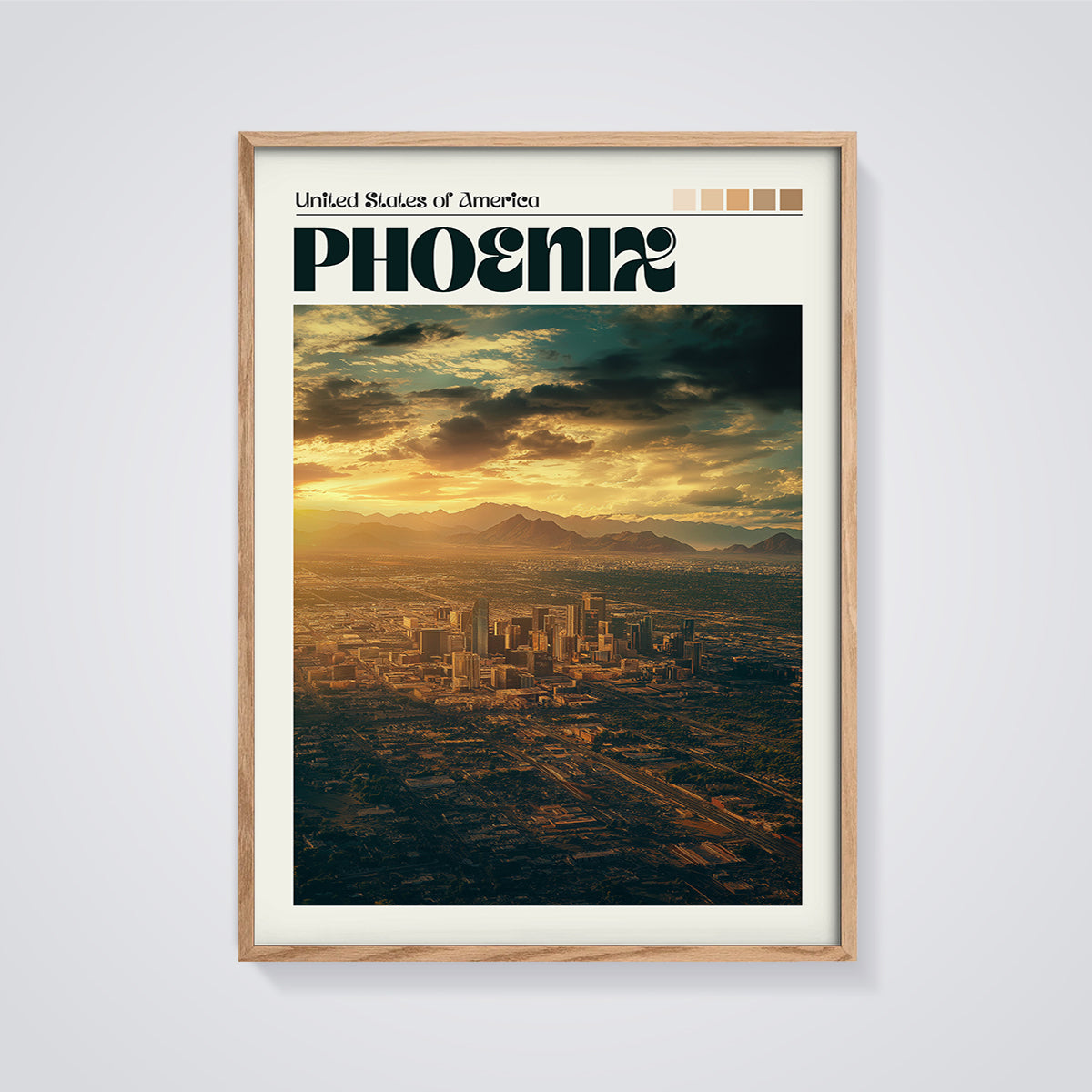 Phoenix Skyline Sunset Print framed in oak on a grey background