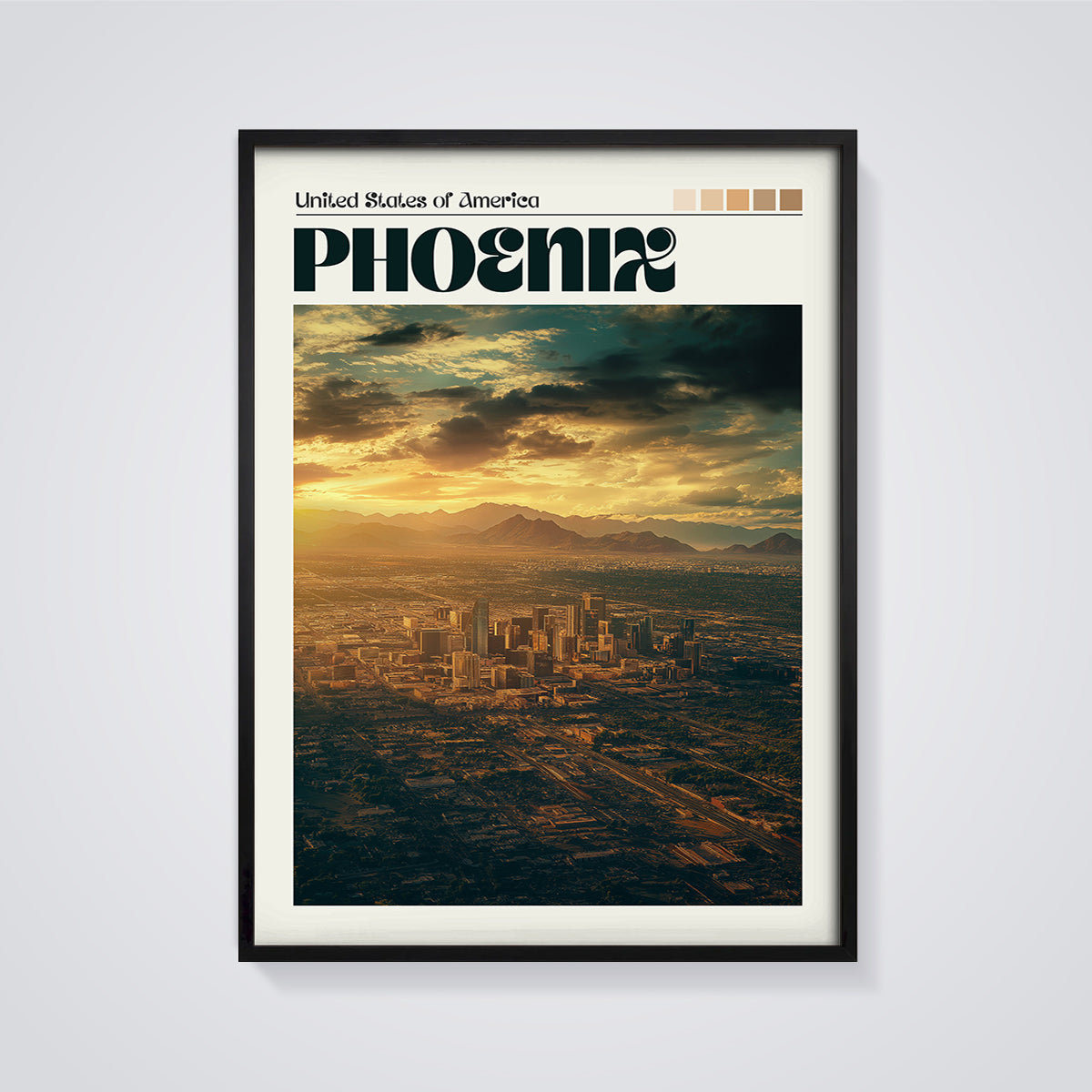 Phoenix Skyline Sunset Print framed in black on a grey background
