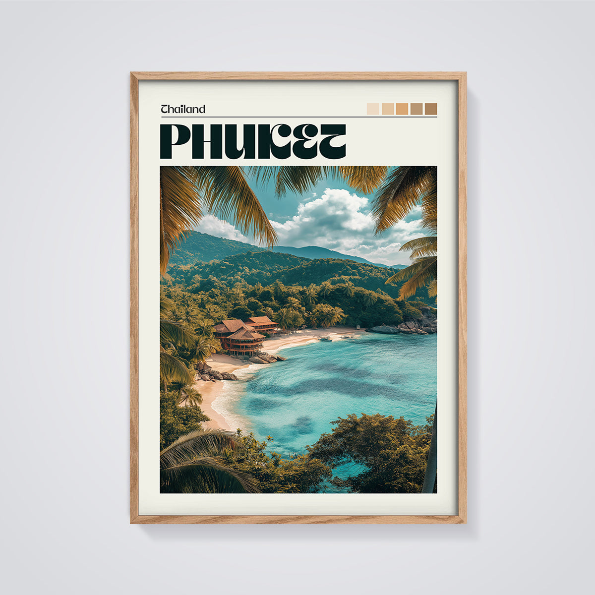 Phuket Tropical Beach Print framed in oak on a grey background