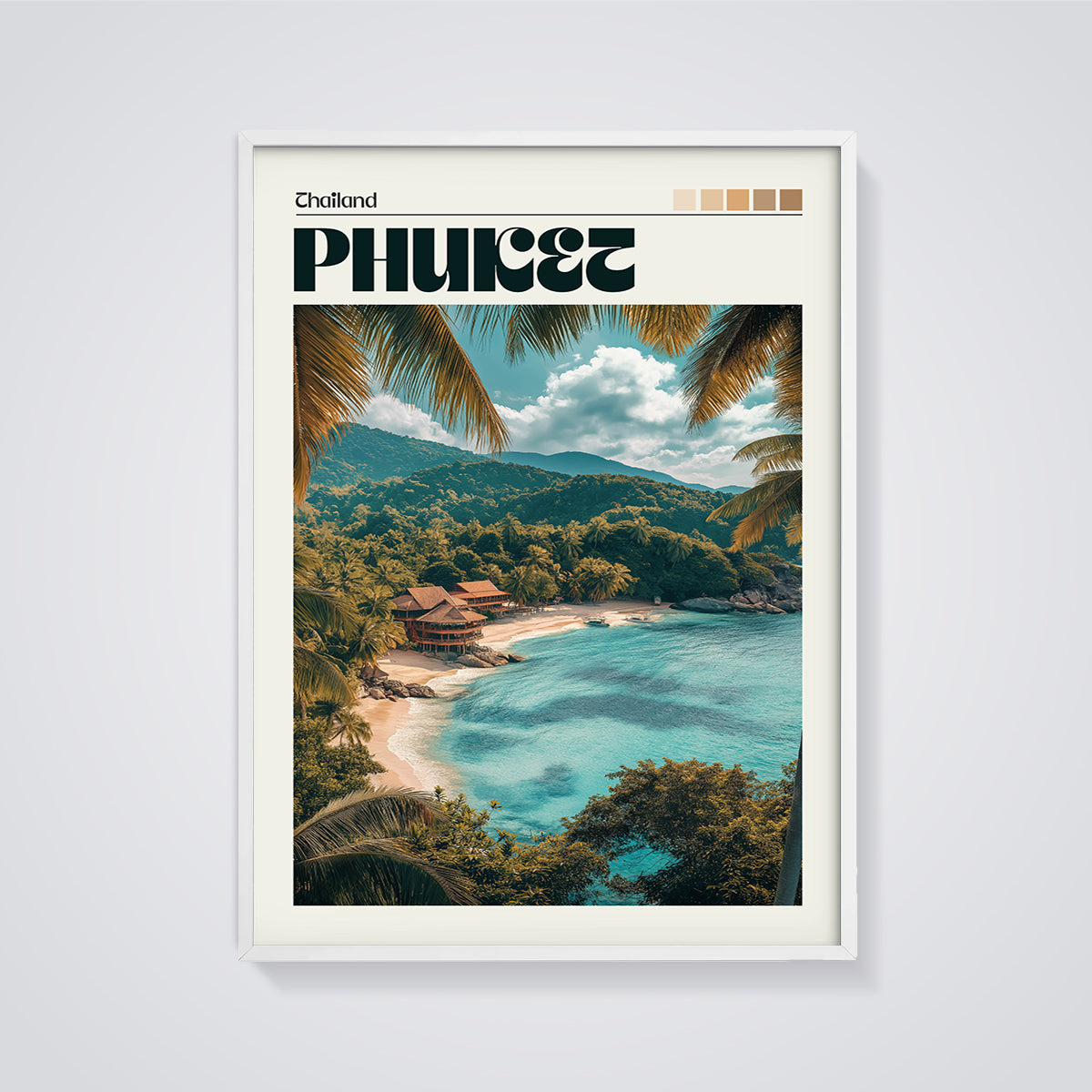 Phuket Tropical Beach Print framed in white on a grey background