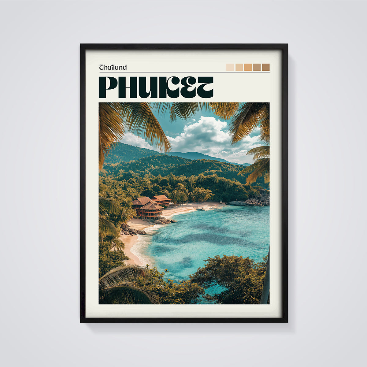 Phuket Tropical Beach Print framed in black on a grey background