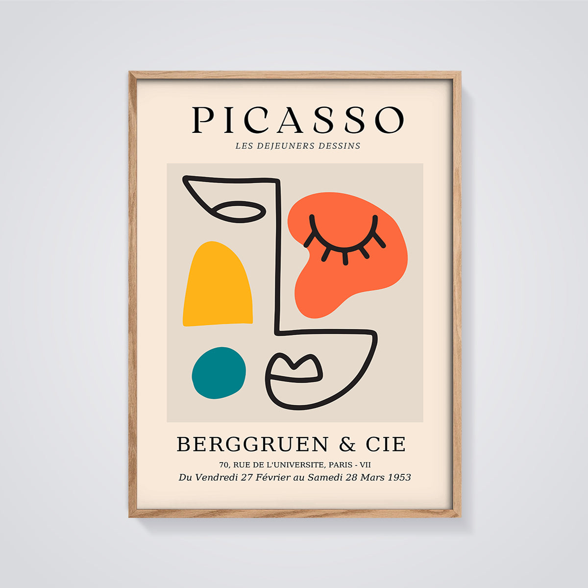 Picasso Abstract Face Exhibition Print framed in oak on a grey background