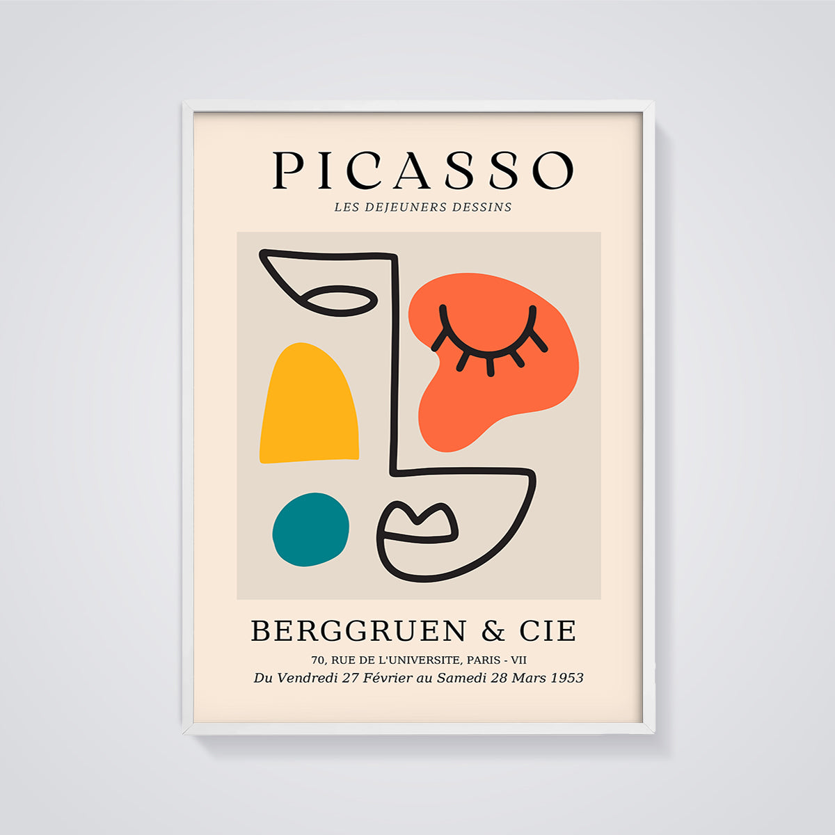 Picasso Abstract Face Exhibition Print framed in white on a grey background