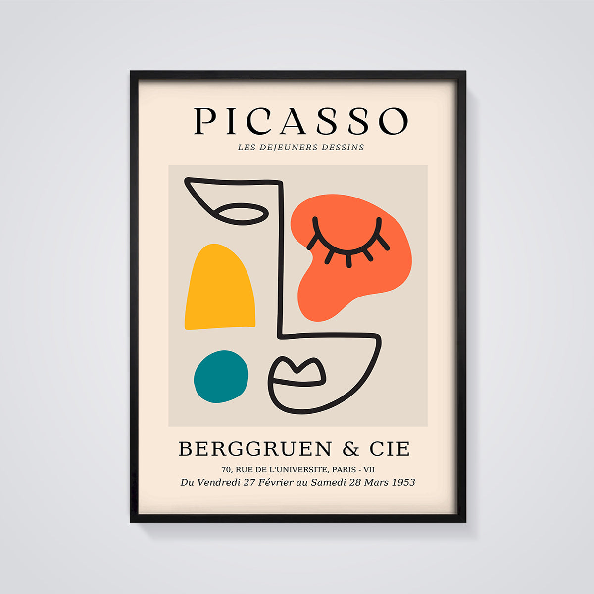Picasso Abstract Face Exhibition Print framed in black on a grey background