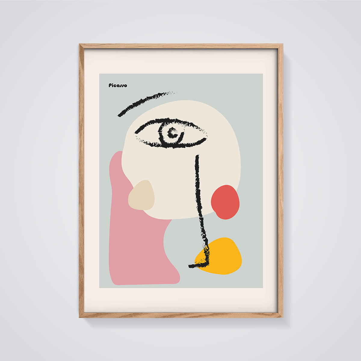 Picasso Abstract Face Print Aesthetic framed in oak on a grey background