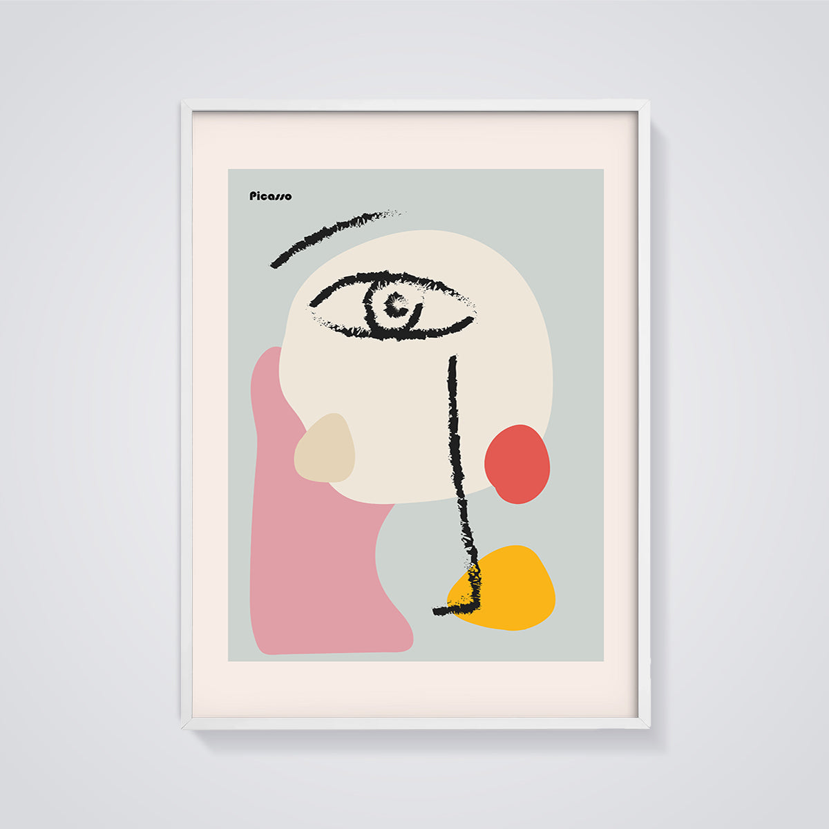 Picasso Abstract Face Print Aesthetic framed in white on a grey background