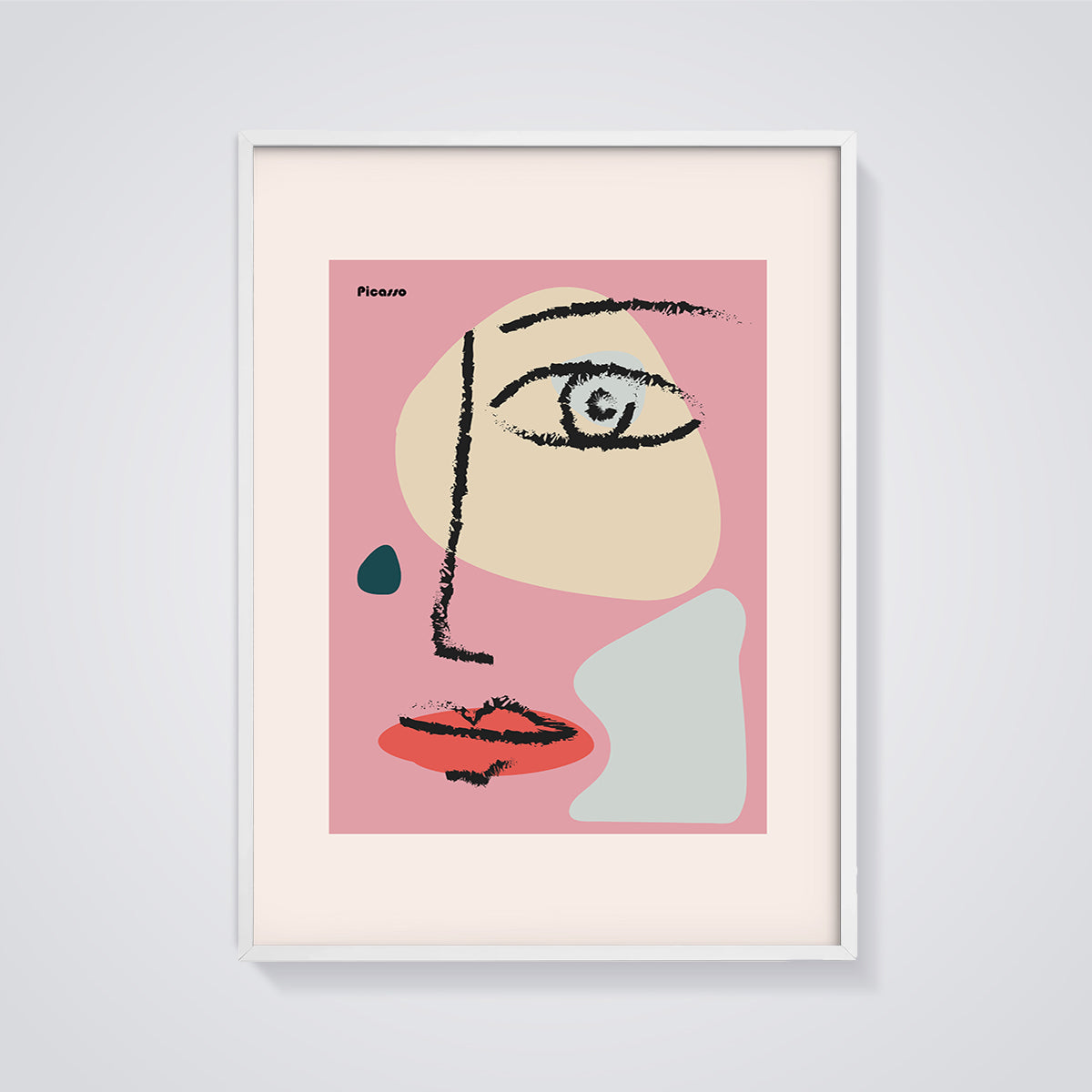 Picasso Abstract Face Print Art framed in white on a grey background