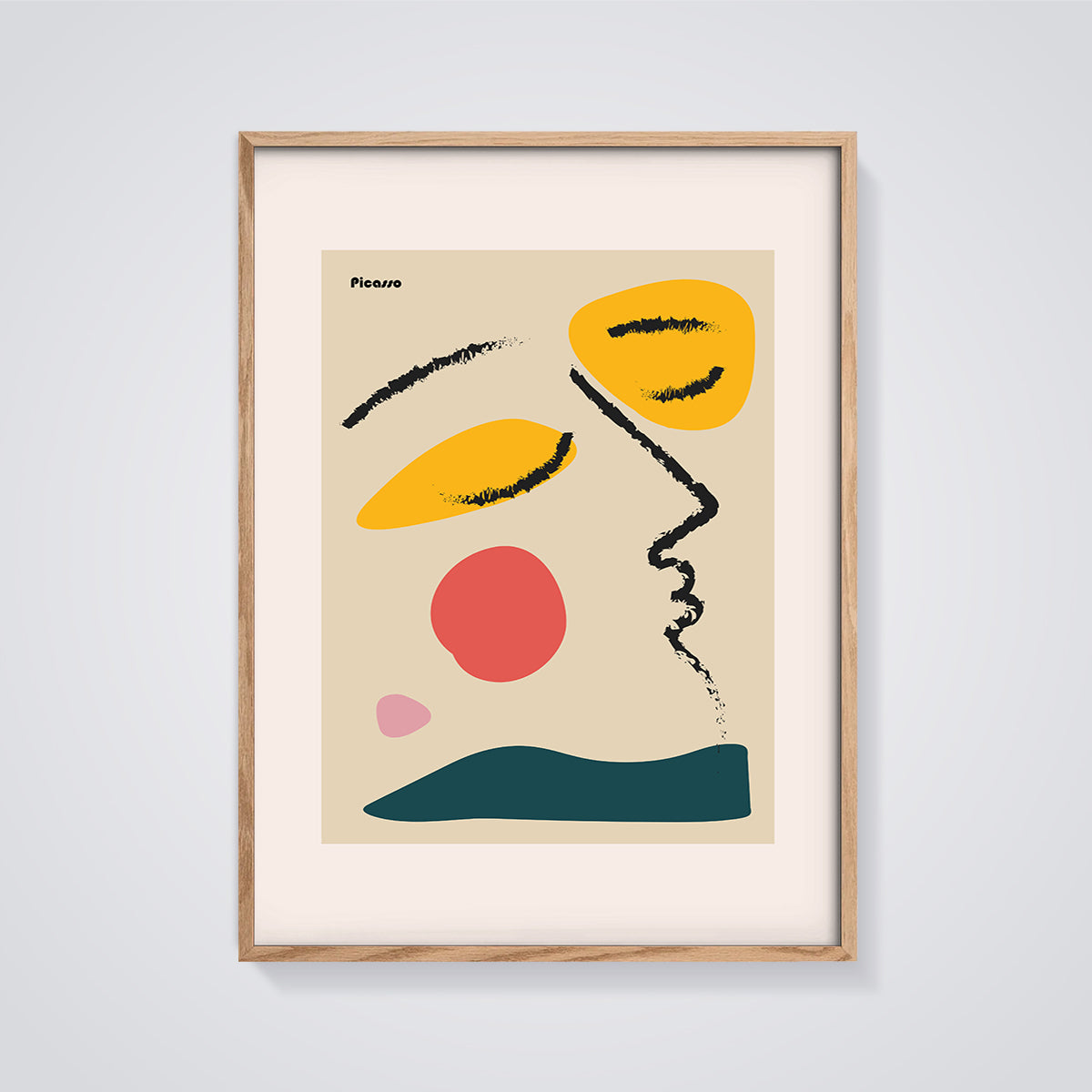 Picasso Abstract Face Print Poster framed in oak on a grey background
