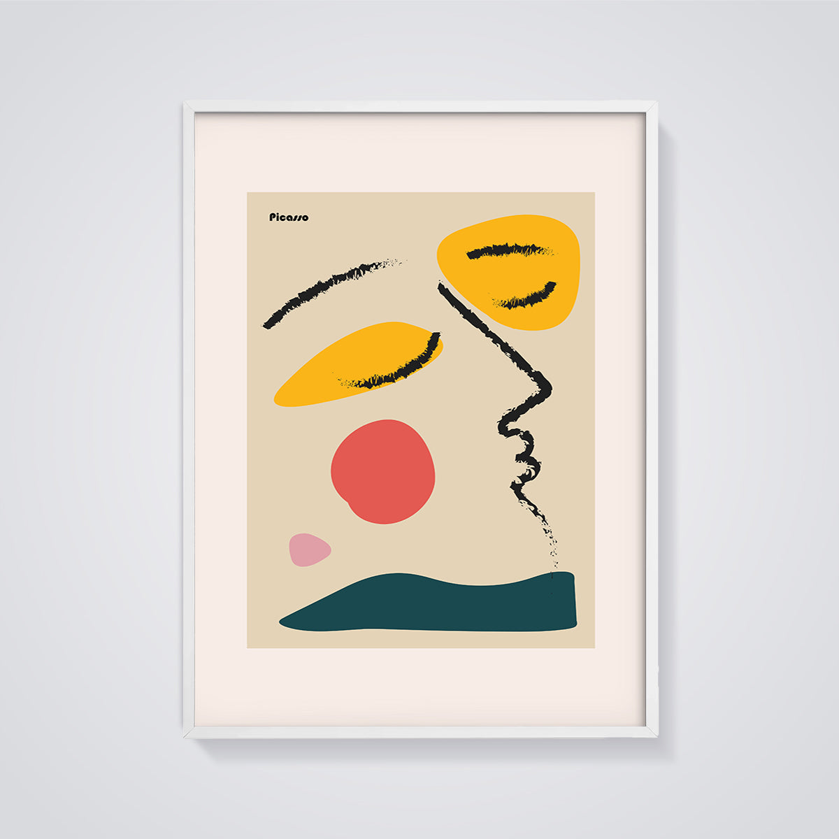 Picasso Abstract Face Print Poster framed in white on a grey background