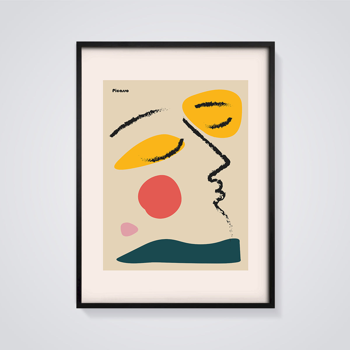 Picasso Abstract Face Print Poster framed in black on a grey background