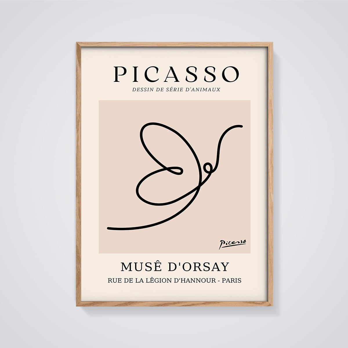 Picasso Animal Series Bird Line Art Print framed in oak on a grey background