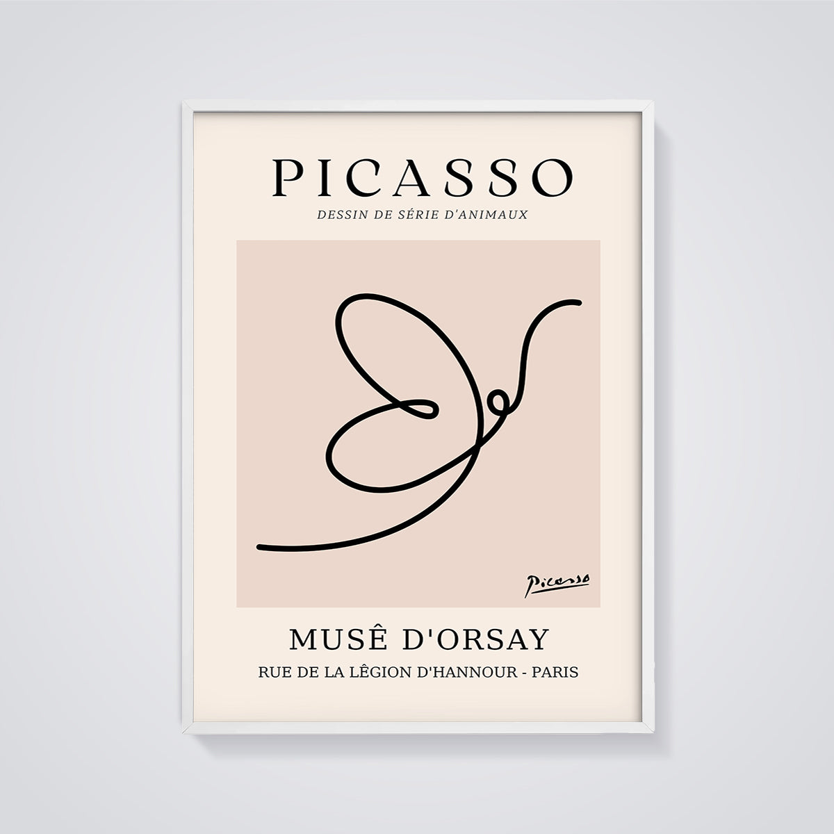 Picasso Animal Series Bird Line Art Print framed in white on a grey background