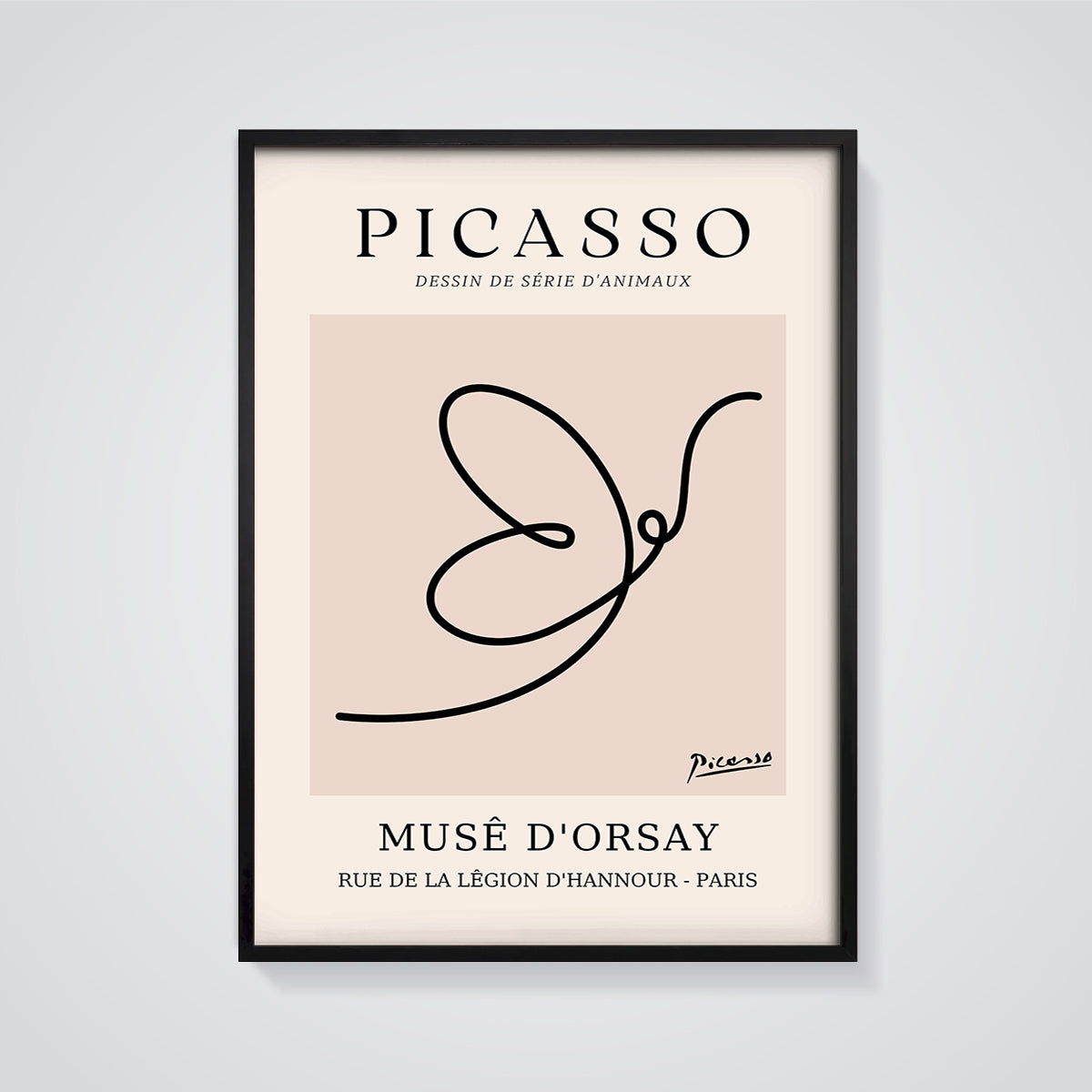 Picasso Animal Series Bird Line Art Print framed in black on a grey background