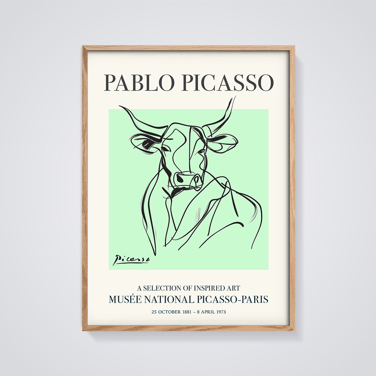 Picasso Bull Line Art Print framed in oak on a grey background