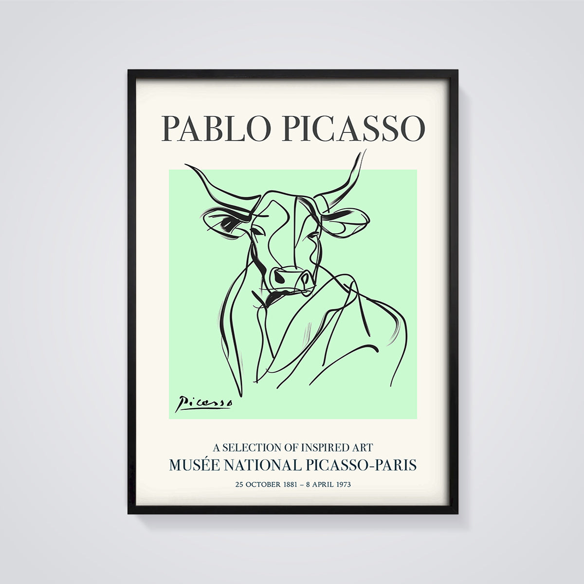 Picasso Bull Line Art Print framed in black on a grey background